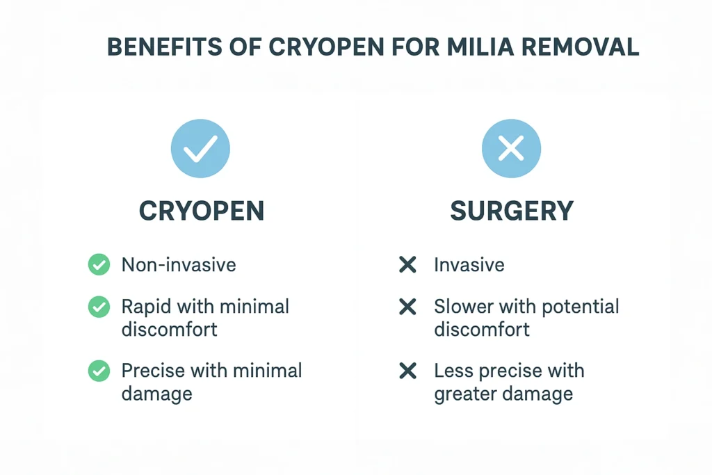 Benefits of cryopen for milia removal Belsize Park compared to surgical treatments.