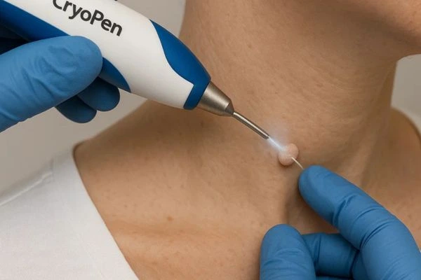 Person receiving cryotherapy Belsize Park for skin tag removal