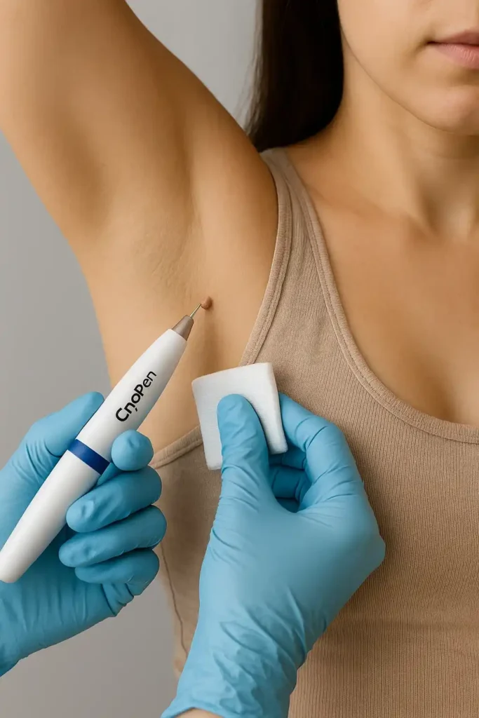 woman having cryopen to remove underarm skin tags Belsize Park