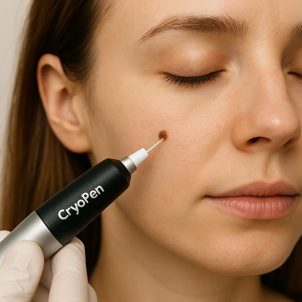 woman receiving facial mole removal Belsize Park using cryopen 