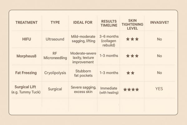Table showing the comparisons of Skin tightening Belsize Park treatment options. 